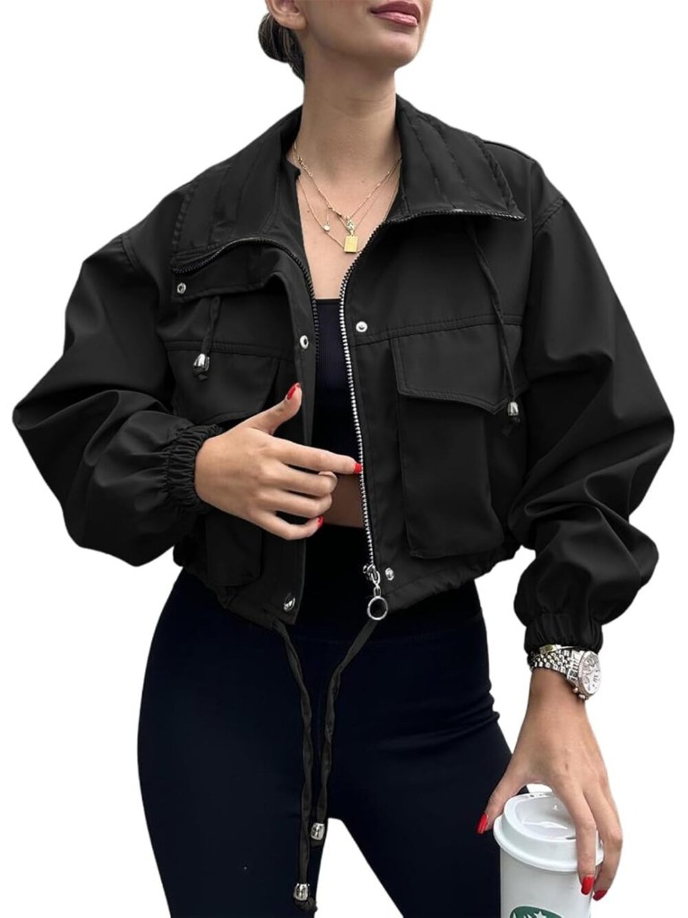 Womens Cropped Jacket Zip Up Lightweight Oversized Utility Anorak